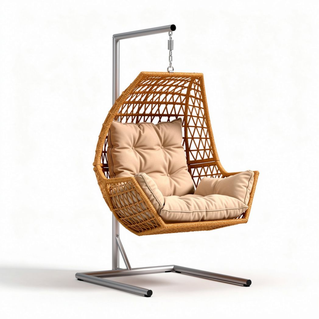 Woven Rattan Hanging Chair with Cushion – Indoor and Outdoor Use, Metal Frame, 90 x 80 x 110cm